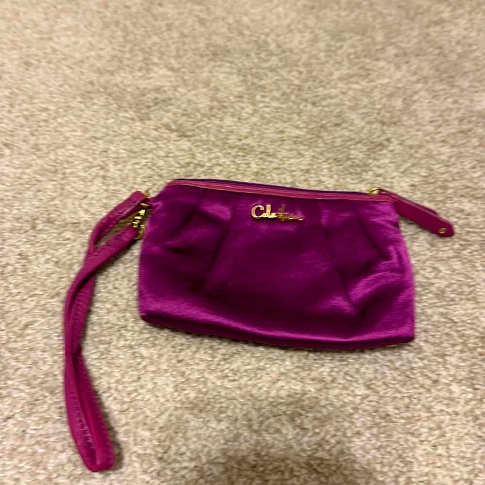 Cole Haan Metallic Purple Small Clutch with gold hardware and removable handle